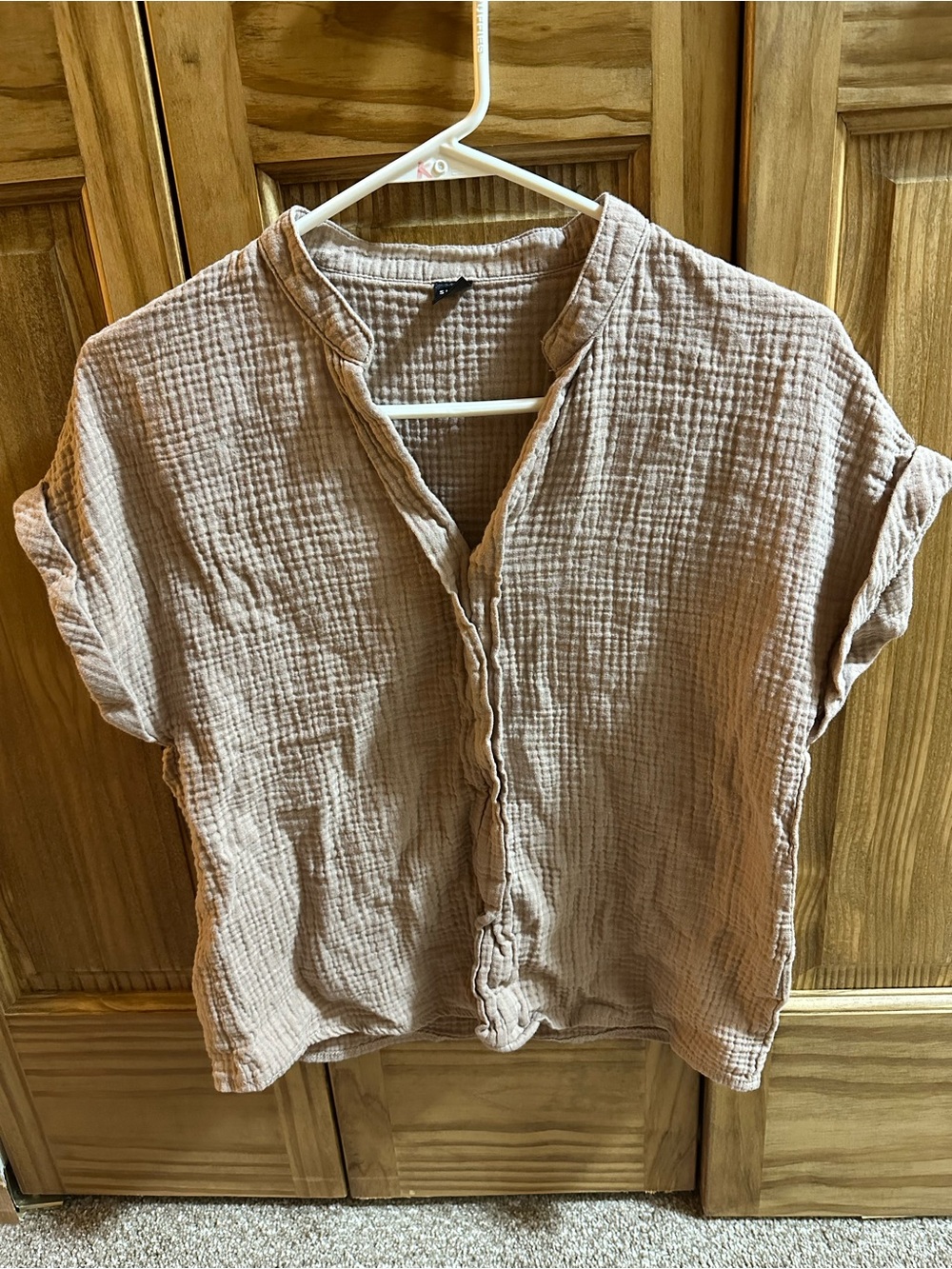 SHEIN Lightweight Gauze Button-Front Short Sleeve Top in Light Brown